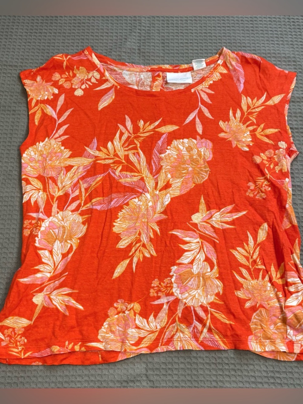 Cynthia Rowley 100% Linen Shirt‎ Medium Orange-Red Tropical Floral Button Back